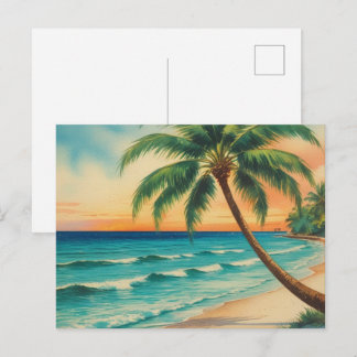 Tarjeta postal vintage de la playa con palmeras de