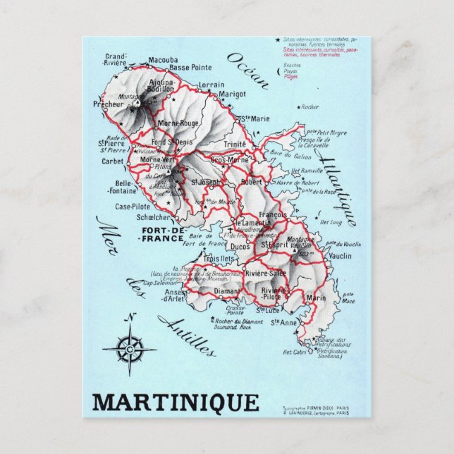 Tarjeta postal vintage de Martinica Mapa  (Anverso)