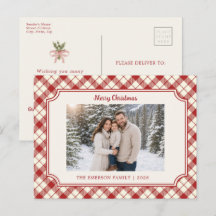 Tarjeta postal vintage de Navidad con cuadros rojo