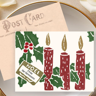 Tarjeta postal vintage de Navidad con velas de lin