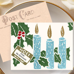 Tarjeta postal vintage de Navidad con velas de lin
