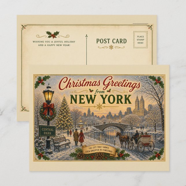 Tarjeta postal vintage de Navidad de Central Park (Anverso / Reverso)