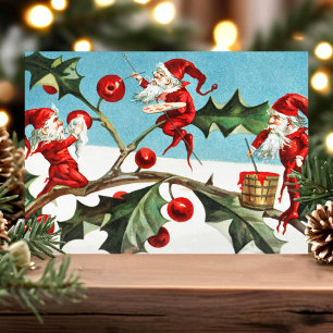 Tarjeta postal vintage de Navidad Elfos Acebo Fies