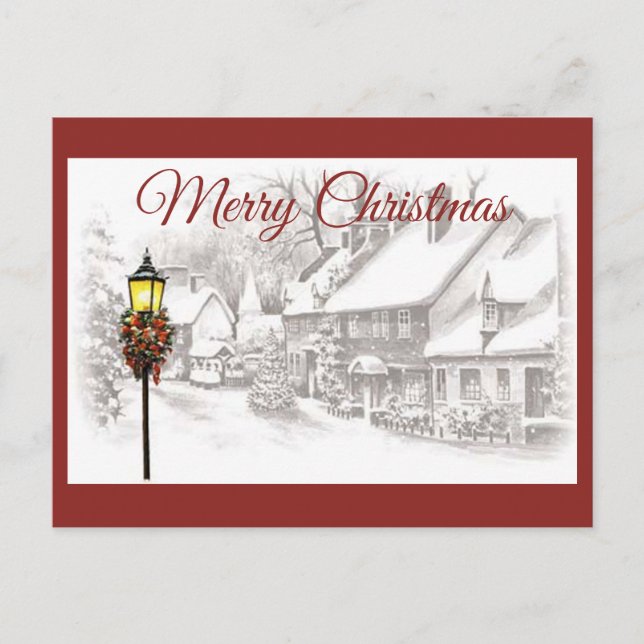 Tarjeta postal vintage de pueblo navideño (Anverso)