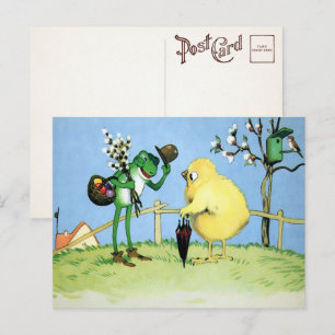 Tarjeta postal vintage de rana y pollito