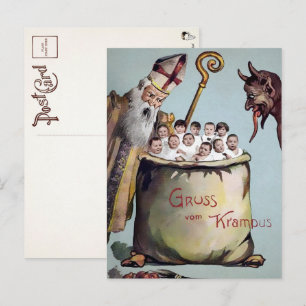 Tarjeta postal vintage de Santa y Krampus con niño