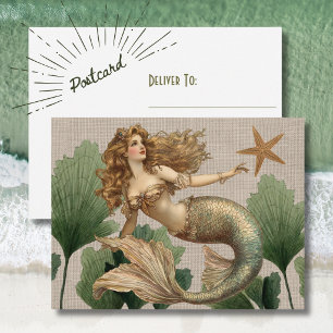 Tarjeta postal vintage de sirena y estrella de mar