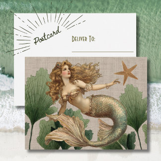 Tarjeta postal vintage de sirena y estrella de mar