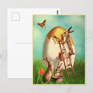 Tarjeta postal vintage del conejo divertido y huev