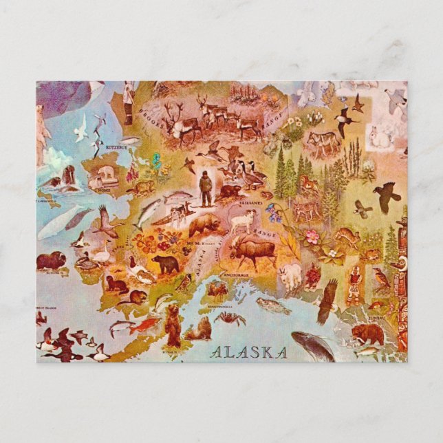 Tarjeta postal vintage ilustrada de Alaska (Anverso)
