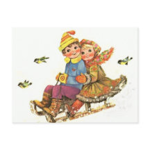 Tarjeta postal Vintage Invierno Paseo en Trineo