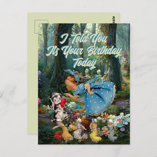 Tarjeta Postal Vintage Niña Perro Cumpleaños Retro (Anverso / Reverso)