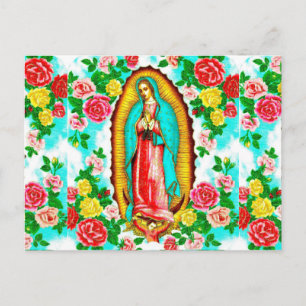 TARJETA POSTAL XMAS - ROSAS Y MADONNA DE GUADALUPE