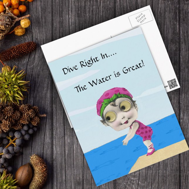 Tarjeta PostCard de nadador de gran Chica de ojos (Cute big eyes swimmer girl pink polka dot bathing suit blue water on postcard.)