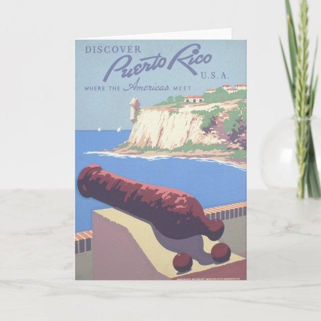 Tarjeta Poster de viajes de época promocionando Puerto Ric (Anverso)