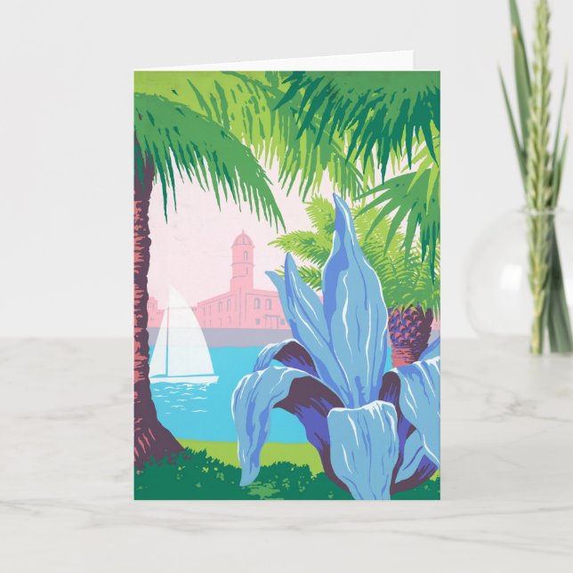 Tarjeta Poster de viajes de época promocionando Puerto Ric (Anverso)