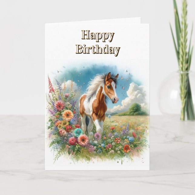 Tarjeta Potro de caballo pinto y flores silvestres Feliz c (Anverso)