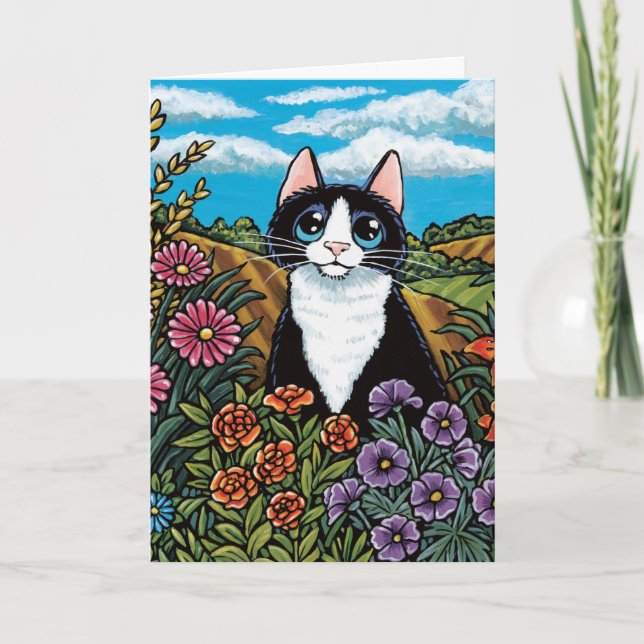 Tarjeta Pradera de campo de flores de gato negro y blanco (Anverso)