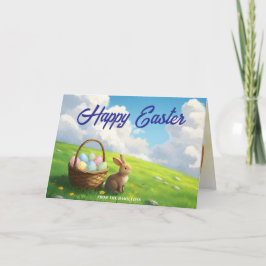 Tarjeta Pradera primaveral de Pascua pacífica con conejo y