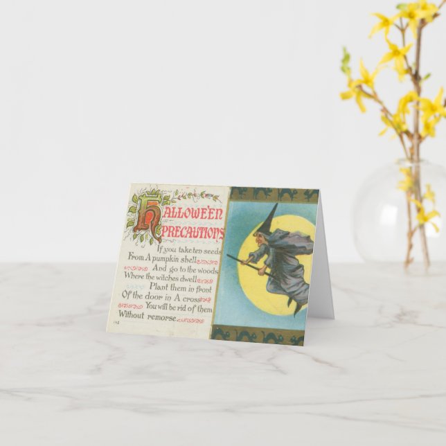 Tarjeta Precauciones de Halloween Bruja Vintage (flor amarilla)