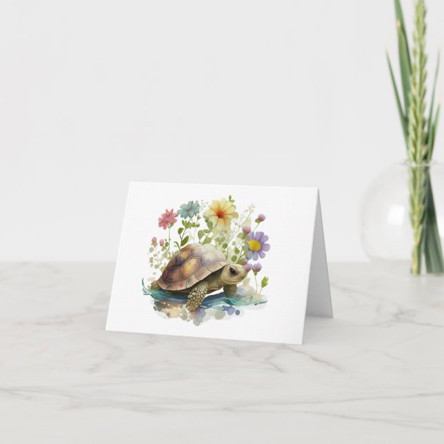 Tarjeta Preciosa tortuga con muchas flores en blanco Greet (Anverso)