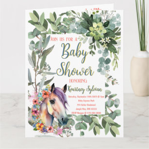 Tarjeta Precioso Baby Shower de Caballo Floral Acuarela