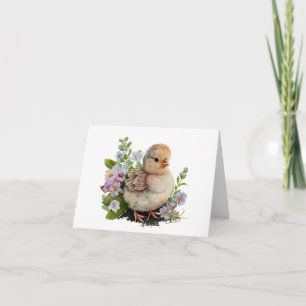 Tarjeta Precioso Chick acuarela con flores en BLANCO