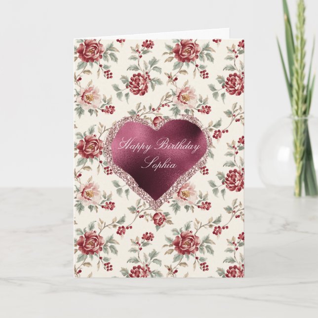 Tarjeta Precioso Corazón Floral Rojo Crema Chic (Anverso)