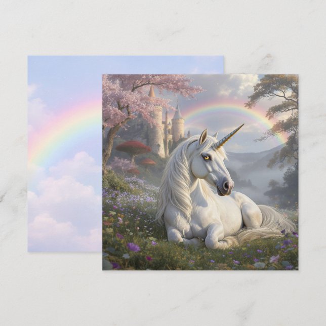 Tarjeta Precioso Unicornio, Castillo y Arcoíris (Anverso / Reverso)