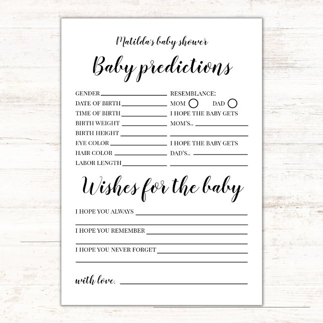Tarjeta Predicciones para bebés y juego de deseo de Baby S (baby predictions and wishes for the baby, minimalist black and white gender neutral)