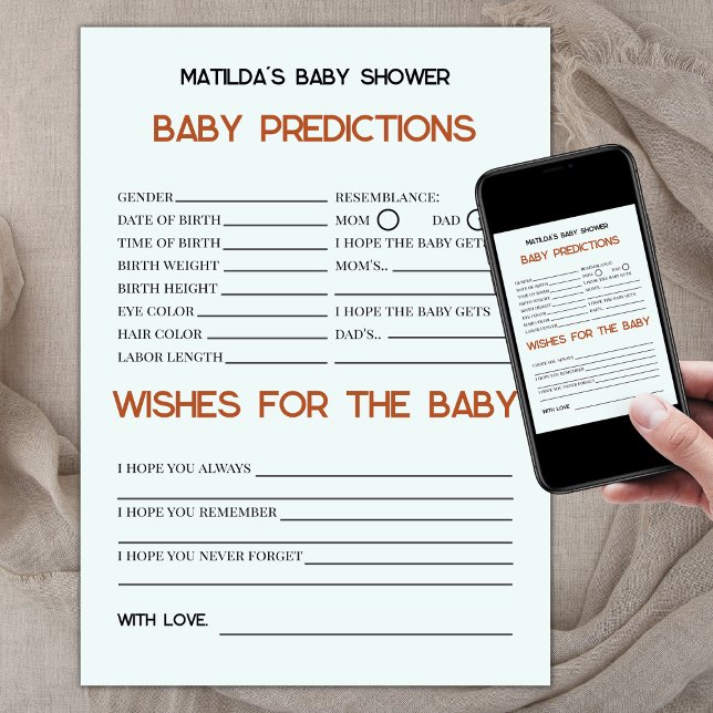 Tarjeta Predicciones y deseos para el bebé Boho Retro Baby (baby predictions and wishes for the baby, baby shower games, retro baby shower, boho sun)