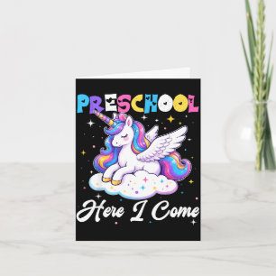Tarjeta Preescolar aquí viene unicornio de vuelta a la esc