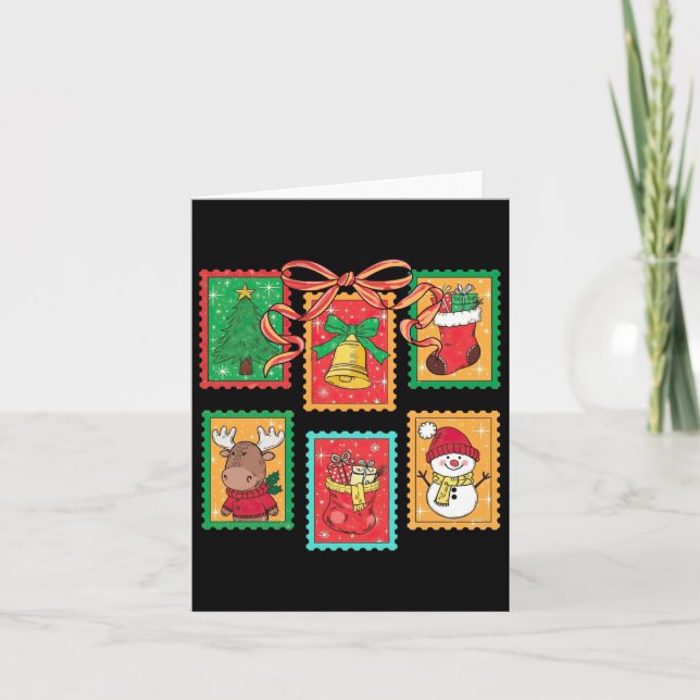 Tarjeta Preppy Christmas Stamps Coquette Bow Reindeer Xmas (Anverso)