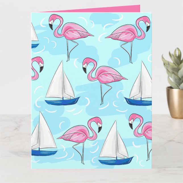 Tarjeta Preppy de barco de vela azul Flamingo rosa (Planta pequeña)