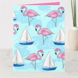 Tarjeta Preppy de barco de vela azul Flamingo rosa