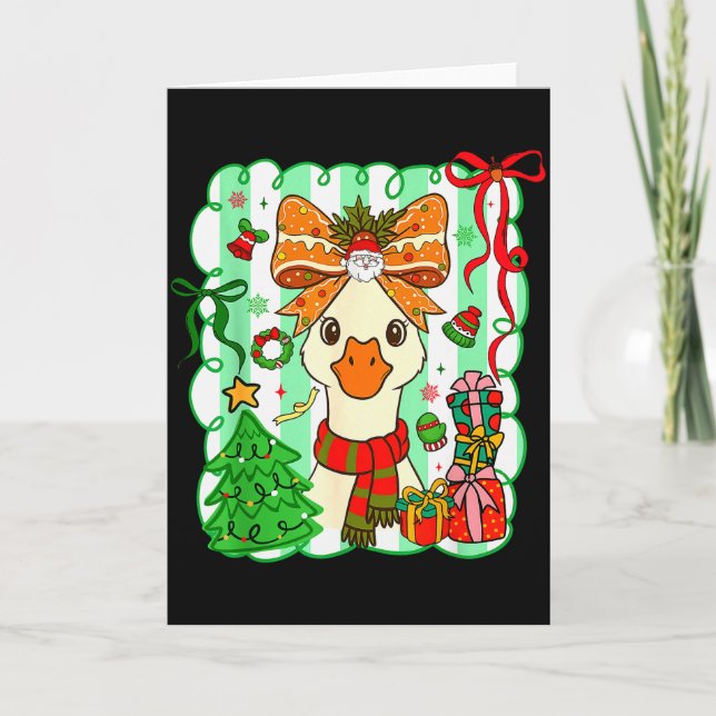 Tarjeta Preppy Gooses Bow Xmas Tree Funny Christmas Girl W (Anverso)
