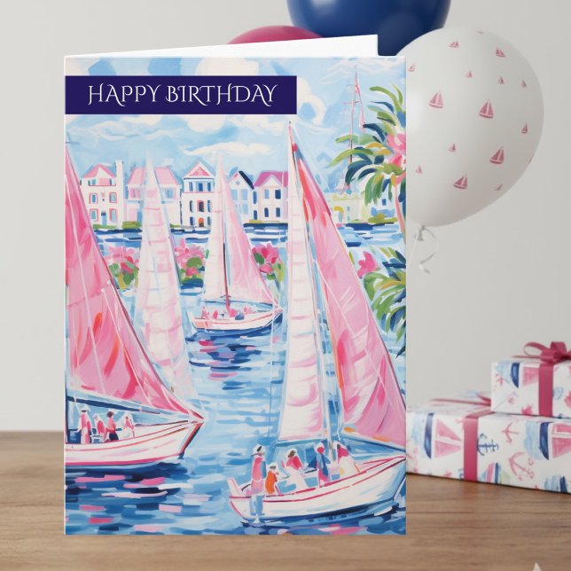 Tarjeta Preppy Pink Blue Tropical Sailboats Happy Birthday (Subido por el creador)