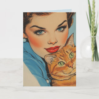TARJETA PRETTY GIRL WITH CAT BIRTHDAY RETRO GREETING CARD
