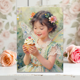 Tarjeta Pretty Little Fairy Girl with Cupcake Birthday