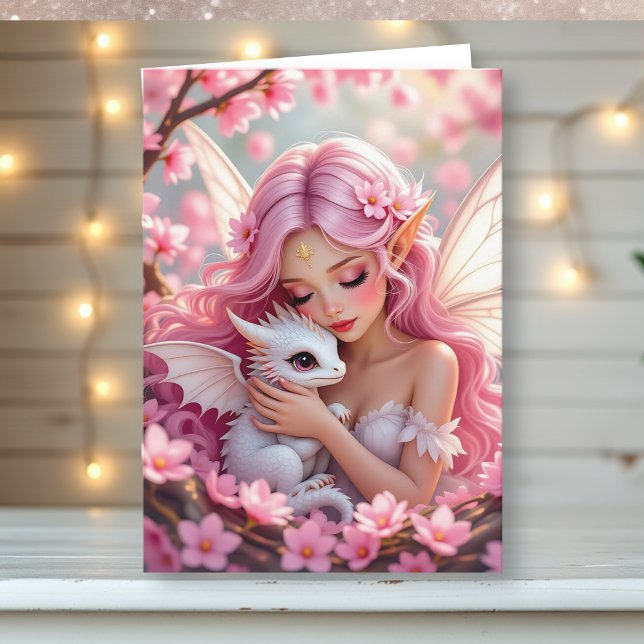 Tarjeta Pretty Pink Elven Fairy & Dragon | Thinking of You (Subido por el creador)