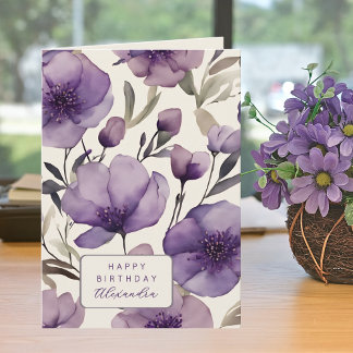 Tarjeta Pretty Purple Pansies Custom Name Birthday