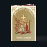 Tarjeta Priest Anniversary Mary Jesus Catholic<br><div class="desc">This is a beautiful traditional Catholic customized image of the Blessed Virgin Mary with the Child Jesus on a gold Marian Cross with red and pink roses. Inside is the famous prayer, THE BEAUTIFUL HANDS OF A PRIEST. All text and fonts may be modified to suit the occasion and recipient....</div>
