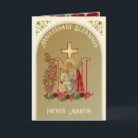 Tarjeta Priest Anniversary Mary Jesus Catholic<br><div class="desc">This is a beautiful traditional Catholic customized image of the Blessed Virgin Mary with the Child Jesus on a gold Marian Cross with red and pink roses. Inside is the famous prayer, THE BEAUTIFUL HANDS OF A PRIEST. All text and fonts may be modified to suit the occasion and recipient....</div>