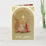 Tarjeta Priest Anniversary Mary Jesus Catholic<br><div class="desc">This is a beautiful traditional Catholic customized image of the Blessed Virgin Mary with the Child Jesus on a gold Marian Cross with red and pink roses. Inside is the famous prayer, THE BEAUTIFUL HANDS OF A PRIEST. All text and fonts may be modified to suit the occasion and recipient....</div>