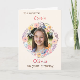 Tarjeta Prima Femenina Elegante Floral Rosa Foto Cumpleaño