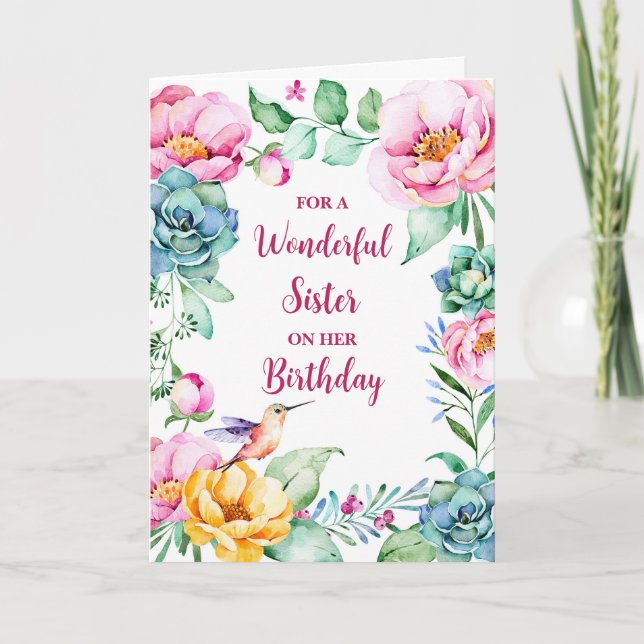 Tarjeta Primavera Acuarela Flores Hermana Cumpleaños (Anverso)