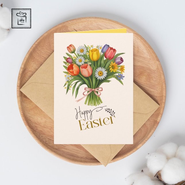 Tarjeta Primavera Bouquet Daffodil Tulip Daisy vacaciones  (Spring Bouquet Daffodil Tulip Daisy Easter Holiday Card)