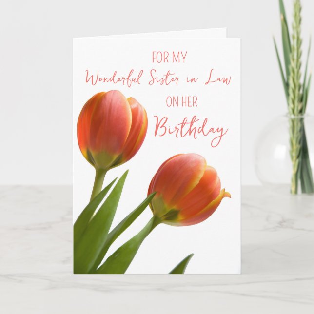 Tarjeta Primavera Tulips Hermana en cumpleaños de la ley (Anverso)