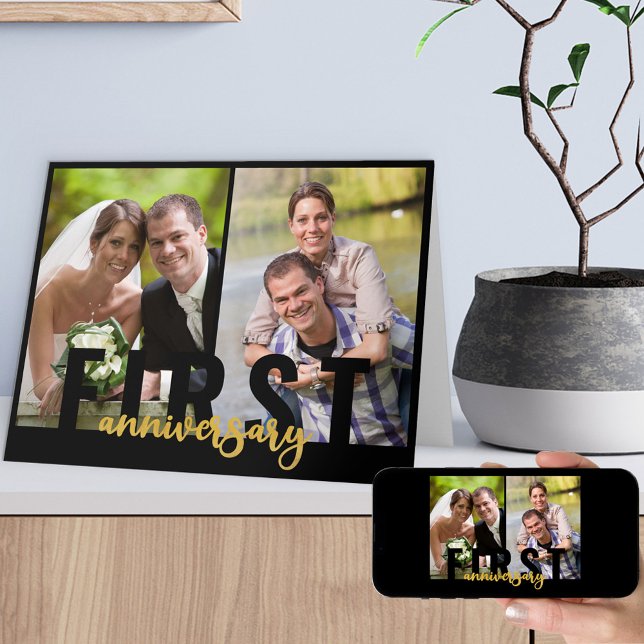 Tarjeta Primer aniversario Boda 2 Foto guión dorado (Subido por el creador)