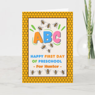 Tarjeta Primer año de preescolar con abejas Añadir nombre